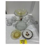 GLASS CAKE STAND, YELLOW DEPRESSION GLASS, ETCHED