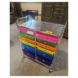 RAINBOW COLORED PLASTIC BIN W/ METAL FRAME CART