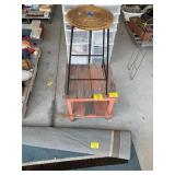 BLUE AREA RUG, WOOD OUTDOOR END TABLE, STOOL