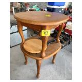 MATCHING WOODEN END TABLES, FOLDING STOOL