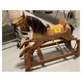 CARVED WOOD ROCKING HORSE W/ LEATHER ACCENTS