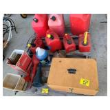 PLASTIC GAS CANS, WOODEN BOX, WASHER FLUID,