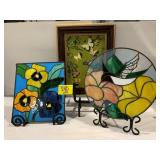 BUTTERFLY OIL ON CANVAS, 2 STAINED GLASS PANELS,