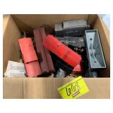 BOX OF VINTAGE PLASTIC TRAIN CARS OF ALL STYLES