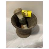 ANTIQUE HEAVY CAST IRON MORTAR & PORCELAIN PESTLE