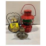 RED PAINTED GREEN GLOBE RAILROAD LANTERN, MINER