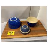 3 BLUE POTTERY MIXING BOWLS, WOOD CUTTING BOARD