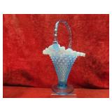 12' Fenton blue opalescent hobnail basket.