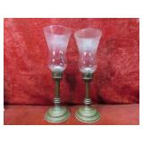 Pair antique etched glass candlestick holders.