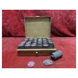 Antique gaming poker chips. Metal box.