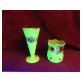 (2)Antique Souvenir Custard glass Vase, cup