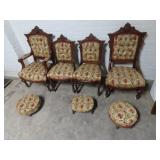 (4)Victorian parlor chairs w/footstools. floral up