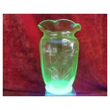 Vaseline glass 9' etched vase.