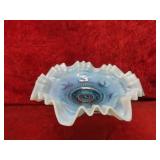 Blue opalescent ruffled glass bowl.