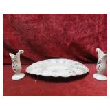 (3)Red wing pottery center bowl, candlestick