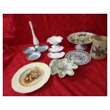 Milk glass vase, pottery cake plate, portugal bowl