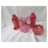 Cranberry glass pitcher, rose bowl, shades.