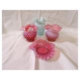 Pink & Opalescent hobnail vases, bowl