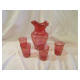 Antique Cranberry glass pitcher & glasses enamel.