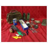 Antique medical bag, Masonic items, music box.