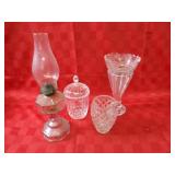 Glass oil lamp, Crystal vases, dish w/lid.