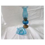 Blue glass oil lamp, Blue opalescent bowl