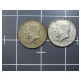 (2)1966 40% silver Kennedy half dollar US coin.