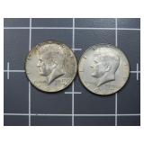 (2)1967 40% silver Kennedy half dollar US coin.