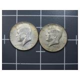 (2)1965 40% silver Kennedy half dollar US coin.
