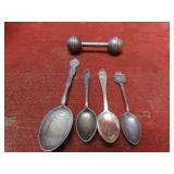 Sterling silver Souvenir spoons & baby rattle.