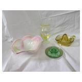 Art glass bowl, vase, yellow juicer, candle holder
