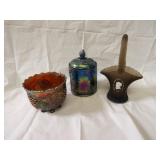 Carnival glass footed bowl, canister, Glass basket