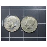 (2)1968 40% silver Kennedy half dollar US coin.