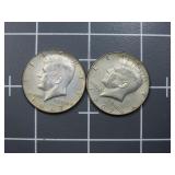 (2)1967 40% silver Kennedy half dollar US coin.