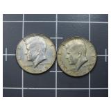 (2)1968 40% silver Kennedy half dollar US coin.