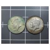 (2)1968 40% silver Kennedy half dollar US coin.