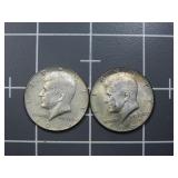 (2)1966,69 40% silver Kennedy half dollar US coin.