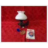 Milk glass shade lamp, glass blue bird, Yo-yo