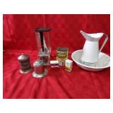 Metal pitcher & basin, coffee canister, Silex blen
