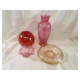 Cranberry glass vase, bowls.