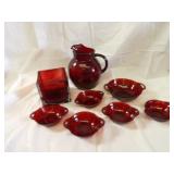 Ruby Red glass lot. pitcher bowls.