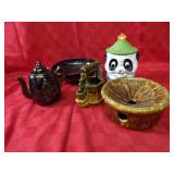 Panda cookie jar, spongeware spittoon, teapot.