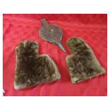 Vintage fur gloves, fireplace bellows.