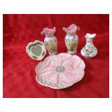 Flower platter, cased glass vase pair.