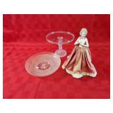Frosted glass cake plate, lighted doll, bowl.