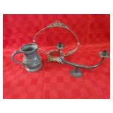Silver plate basket frame, candle holder, tankard.