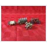 Cast metal oxen & wagon, horse & stagecoach