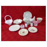 Opalescent glass, milk glass, basket, assorted