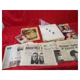 John F Kennedy newspapers, scrapbook, magazine.
