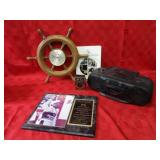 Ships wheel wall clock, radios, Earnhardt plaque.